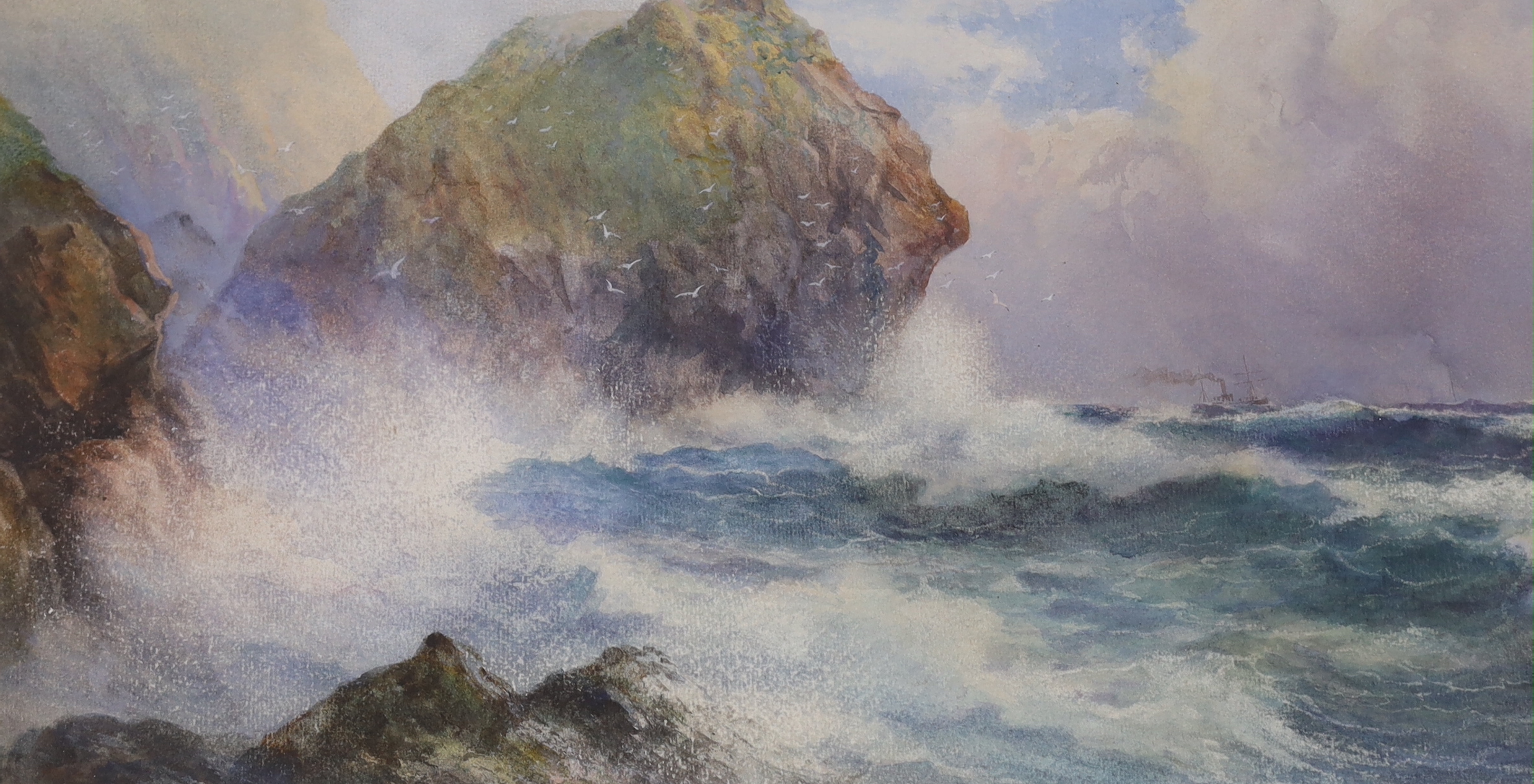 John Clarkson Isaac Uren (1845-1932) pair of heightened watercolours, Devon coastline scenes, signed, 48 x 24cm